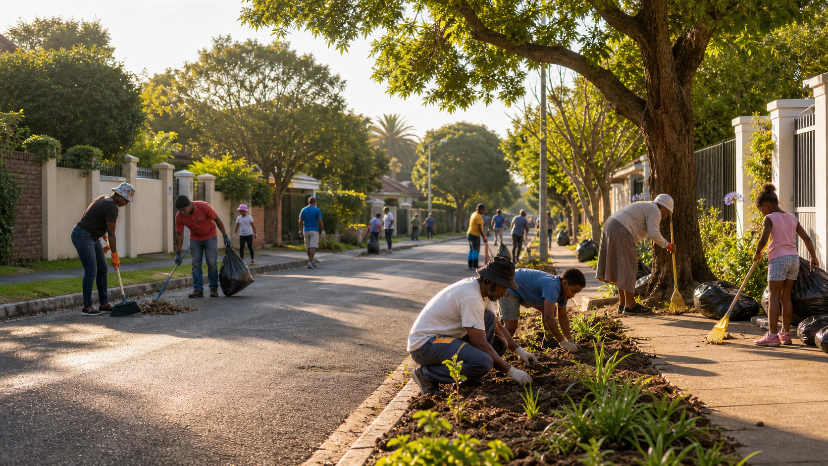 Neighbours cleaning and greening a South African street together